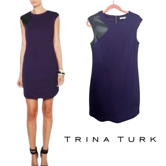 Trina Turk Dress Sheath Purple Black Leather Size 4 Short Sleeve abstract - Picture 1 of 11
